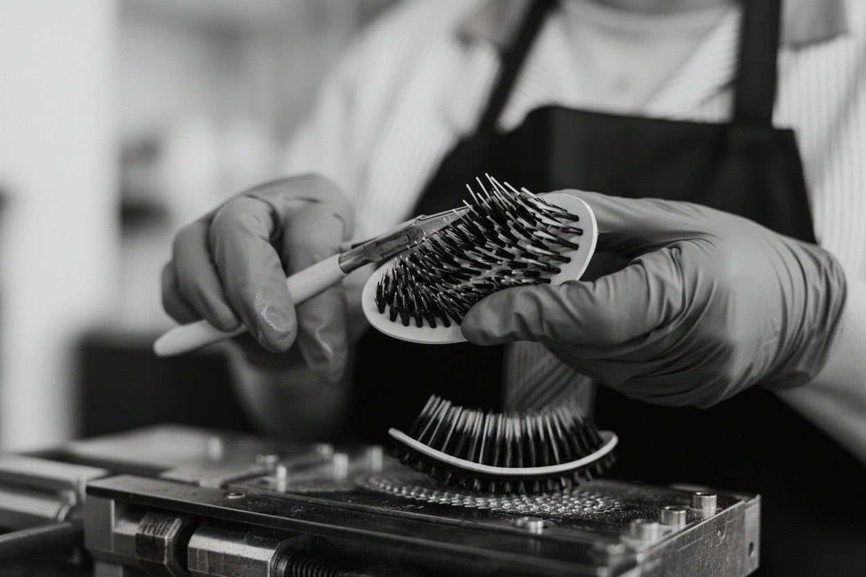 Sort-hvidt billede af hænder i handsker, der arbejder med montering eller behandling af børstehoved på en hårbørste.
